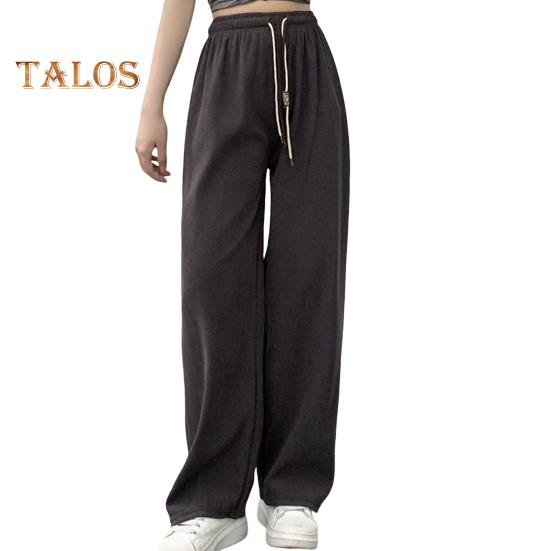 Женские брюки с эластичной резинкой и высокой талией, регулируемые длинные брюки с завязками, однотонные прямые широкие повседневные брюки для повседневной носки