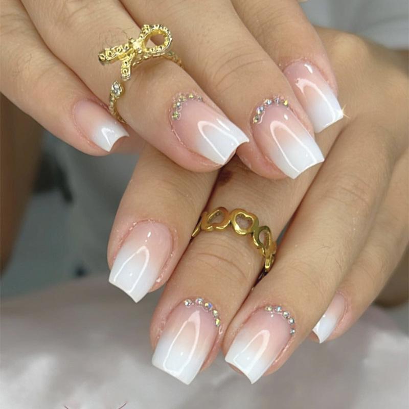 24Pcs Short Square Press On Nails White Rhinestone Flower French Tip Full Cover Reusable Fake Nail Tips