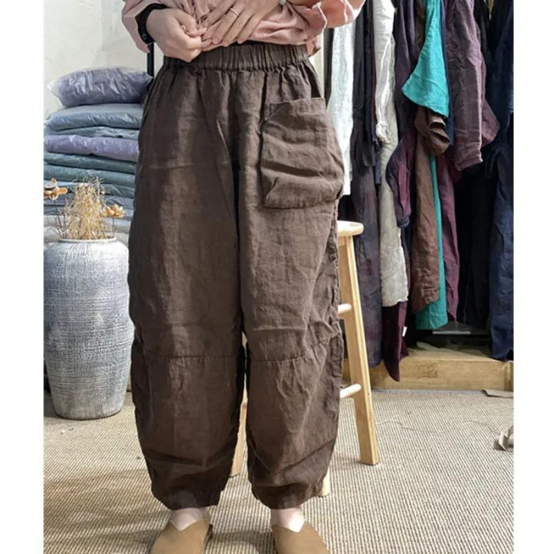 New Summer Sand Washing Old Cotton and Linen Wide-leg Casual Pants for Women Loose and Tight Waist Trendy Carrot Pants