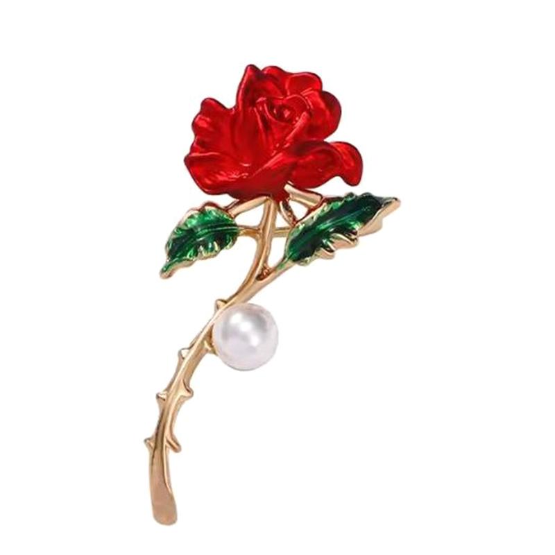 Elegant Temperament Red Rose Pearl Brooch Pins For Women Enamel Flower Corsage Wedding Party Jewelry Accessories Gift