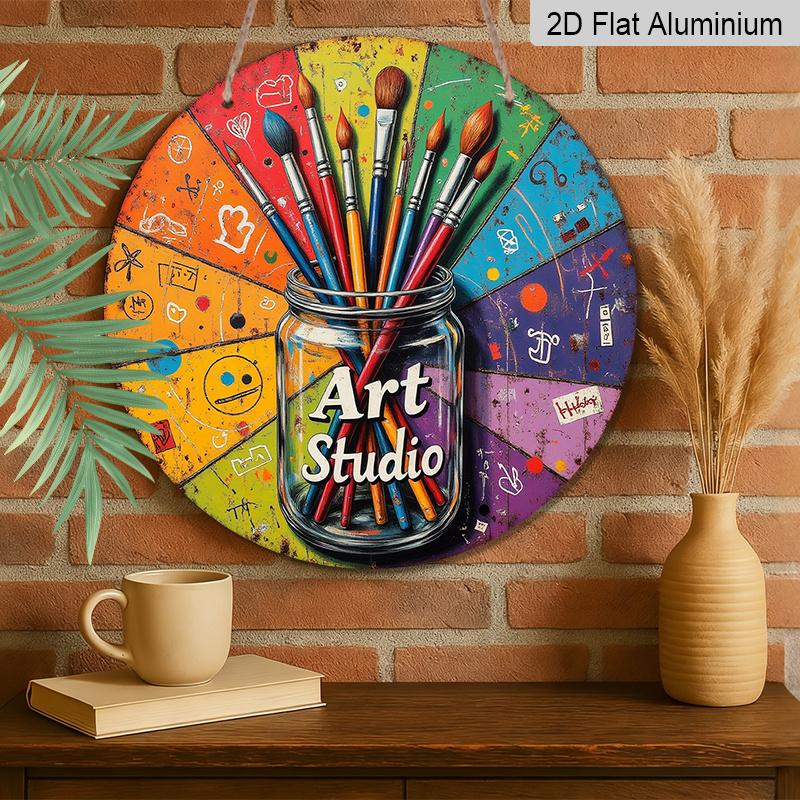 2D Flat, Vintage Art Studio Wall Sign - Round Palette & Brushes Design - Colorful Retro 2D Flat Metal Art for Artist Studio, Cafe, Decor - Durable