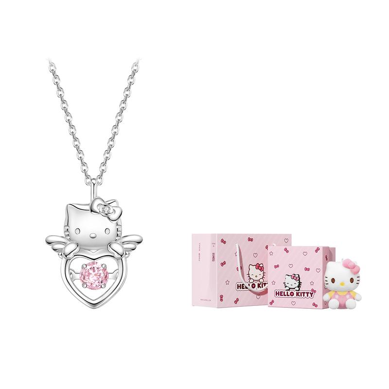 Sanrio HelloKitty/Hello 925 Silver Luck Protects the Beating Heart Pink Diamond Light Luxury Sparkling Niche High-end 3031-Hello Kitty Love Necklace