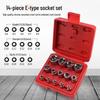 Metric 6-Point Flower-Shaped E-Type Socket Set: 1/2 Large, 3/8 Medium, 1/4 Small, Star Type.