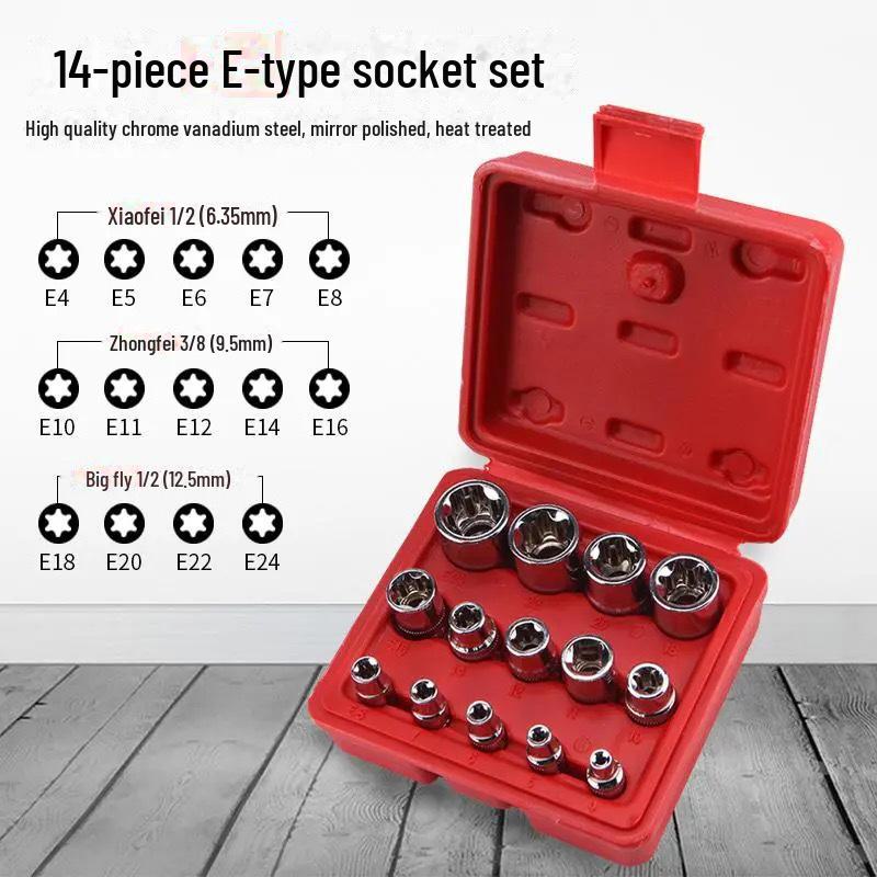 Metric 6-Point Flower-Shaped E-Type Socket Set: 1/2 Large, 3/8 Medium, 1/4 Small, Star Type.