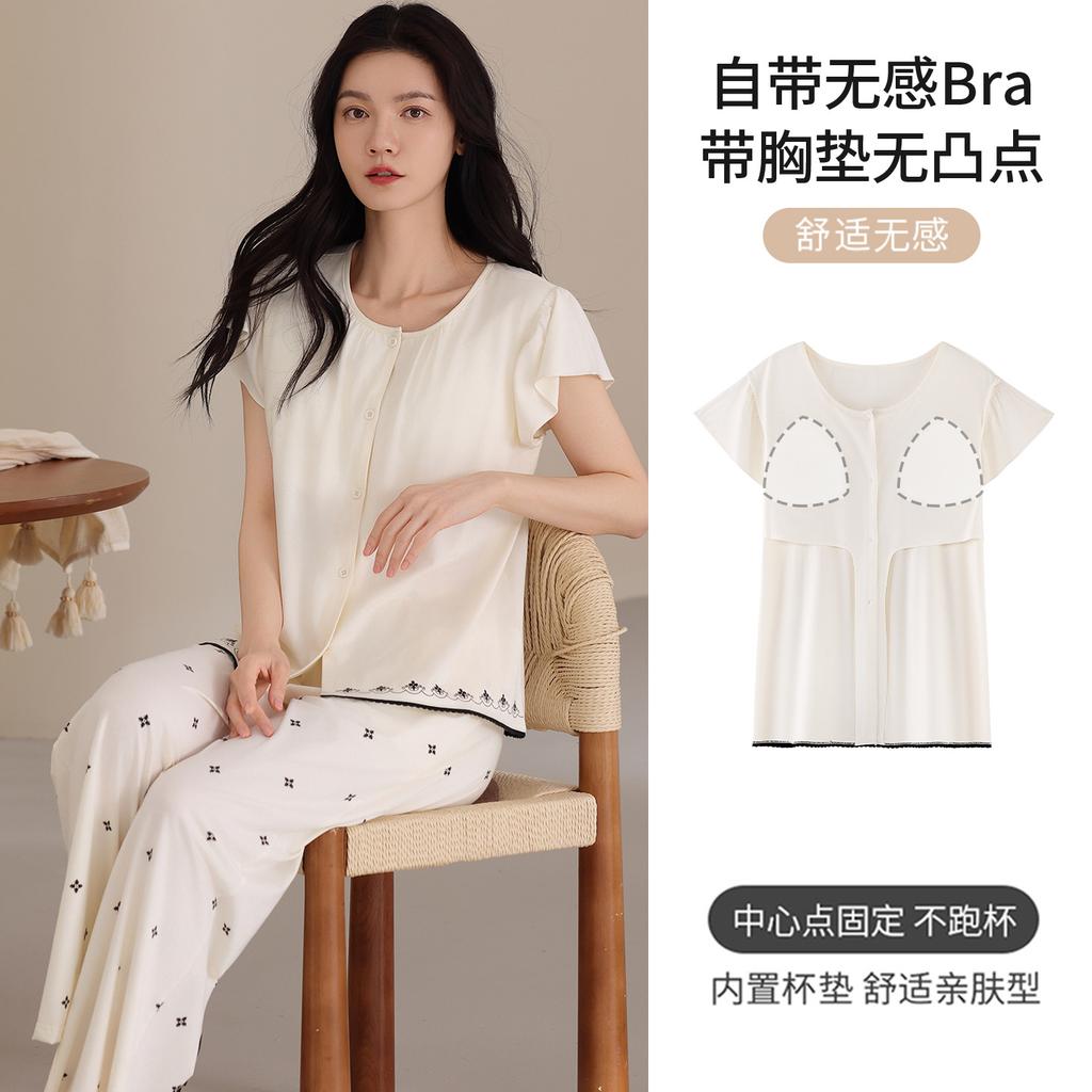 Pure cotton pajamas with chest pads, women's summer short-sleeved trousers, thin summer can be worn outside, high-end loungewear set