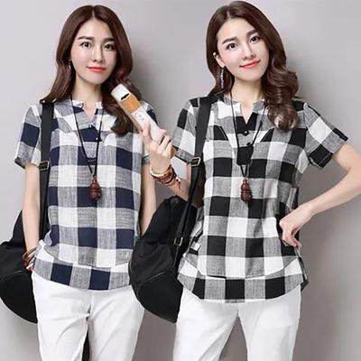 Летняя женская клетчатая свободная повседневная рубашка-блузка средней длины большого размера с короткими рукавами для женщин