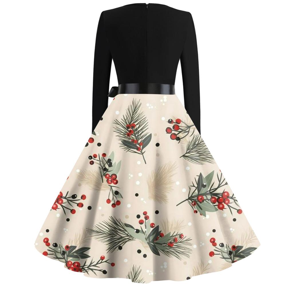 Женская мода с круглым вырезом, повседневные тонкие рождественские платья с длинным рукавом и принтом