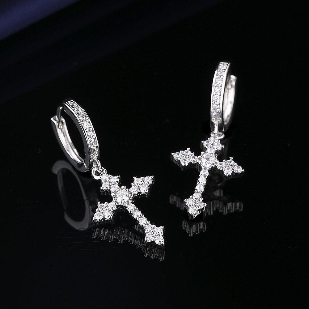 Classic European and American Zircon Inlaid Cross Drop Earrings for Women
