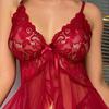 2 Pcs/Set Nightdress Panties Set Hollow Out Lace V Neck Spaghetti Strap See-through Mesh Ruffle Bow High Waist Underpants Set