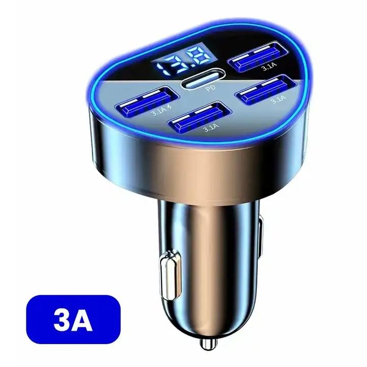 66W PD Car Charger QC3.0 Fast Charging Car Cigarette Lighter Plug 5 Port Car Charger Flash Charge with Digital Display