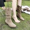 Gentle and Fashionable Round Head Thick Heel Suede Stacking Boots 2025 Autumn New Thin Temperament Medium Boots