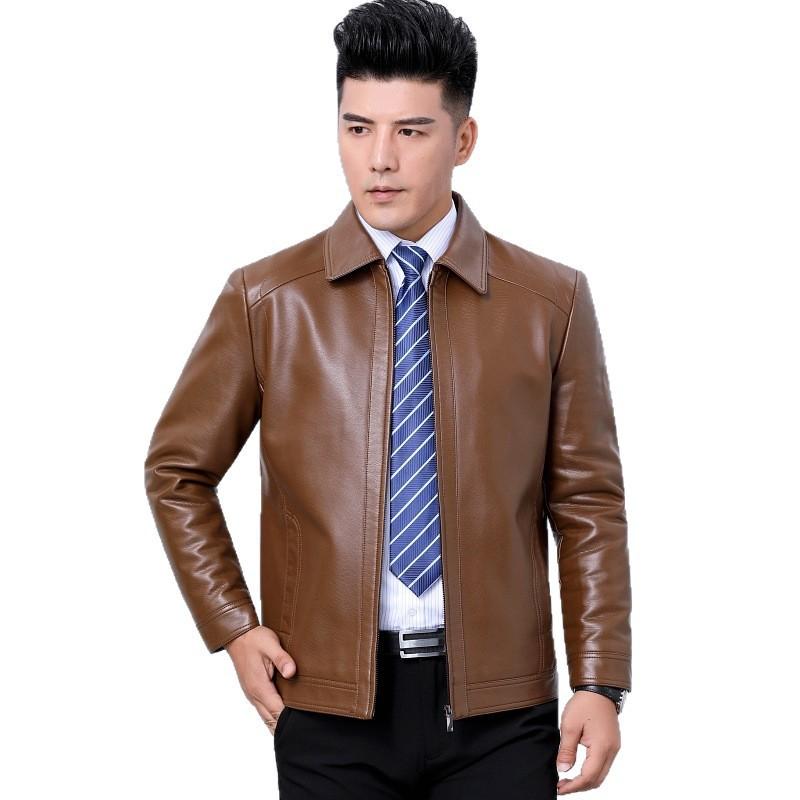 Mens Faux Leather Jacket Stand Collar Zip-Up Warm Thick Winter Business Casual Outerwear