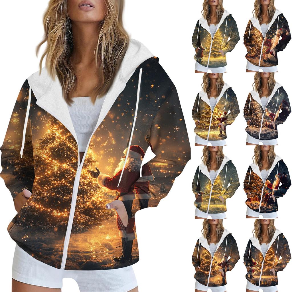 Женская рождественская печатная толстовка, зимняя куртка-кардиган с длинными рукавами и карманами, на молнии, толстовка с капюшоном, верхняя одежда