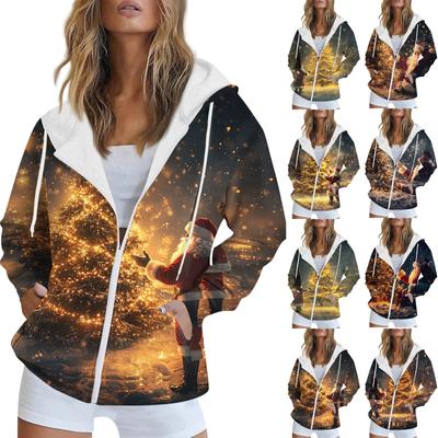 Женская рождественская печатная толстовка, зимняя куртка-кардиган с длинными рукавами и карманами, на молнии, толстовка с капюшоном, верхняя одежда