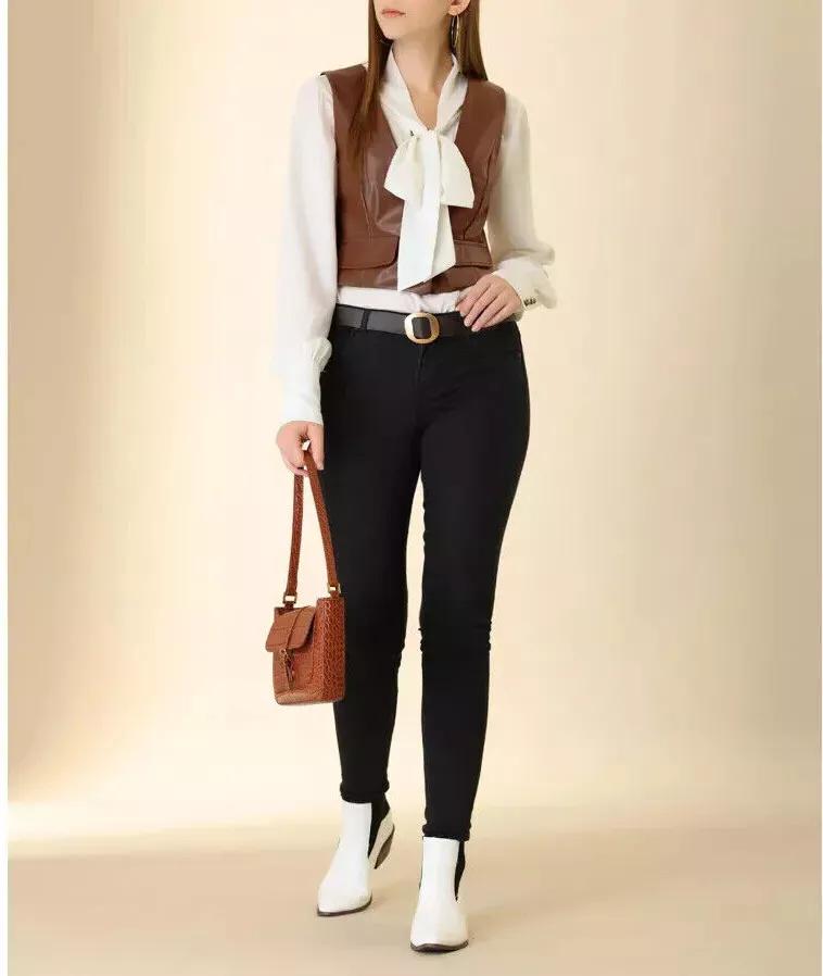 Западный Женский Вечерний Коричневый Кожаный Стильный Жилет Пальто Жилет из Овчины на Пуговицах