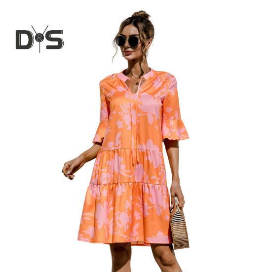 Женское летнее мини-платье с коротким рукавом и V-образным вырезом, плиссированное платье с принтом в стиле бохо, короткое платье-трапеция, пляжный многоярусный струящийся сарафан