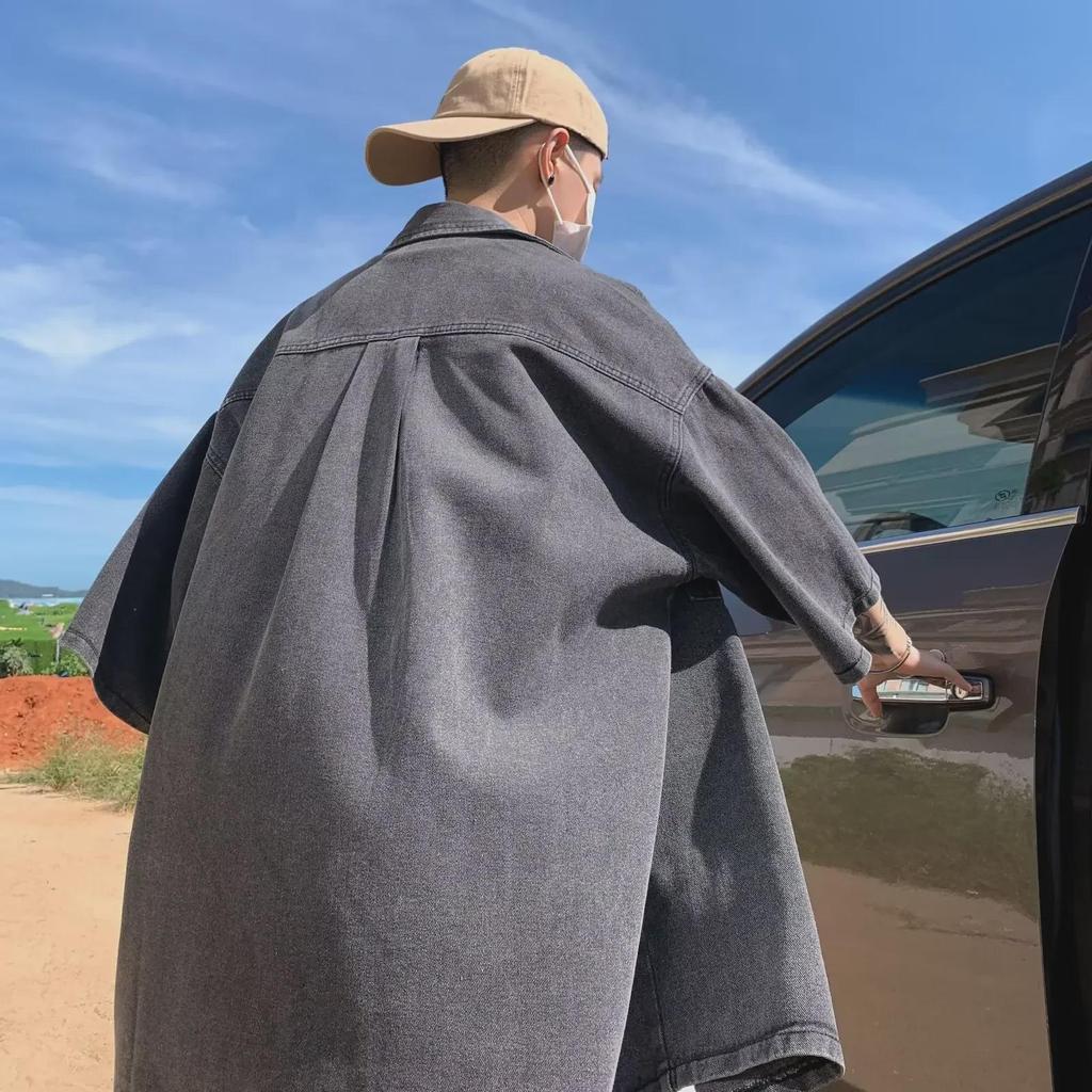 Men's Japanese-Style Distressed Denim Short-Sleeve Shirt with Double Pockets