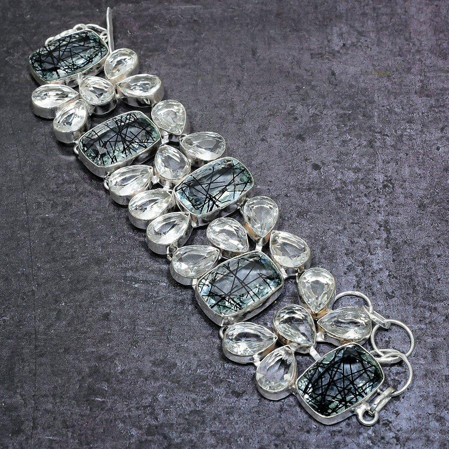 Черный рутил, Топаз Драгоценный камень Серебро 925 пробы Браслет 7-8"