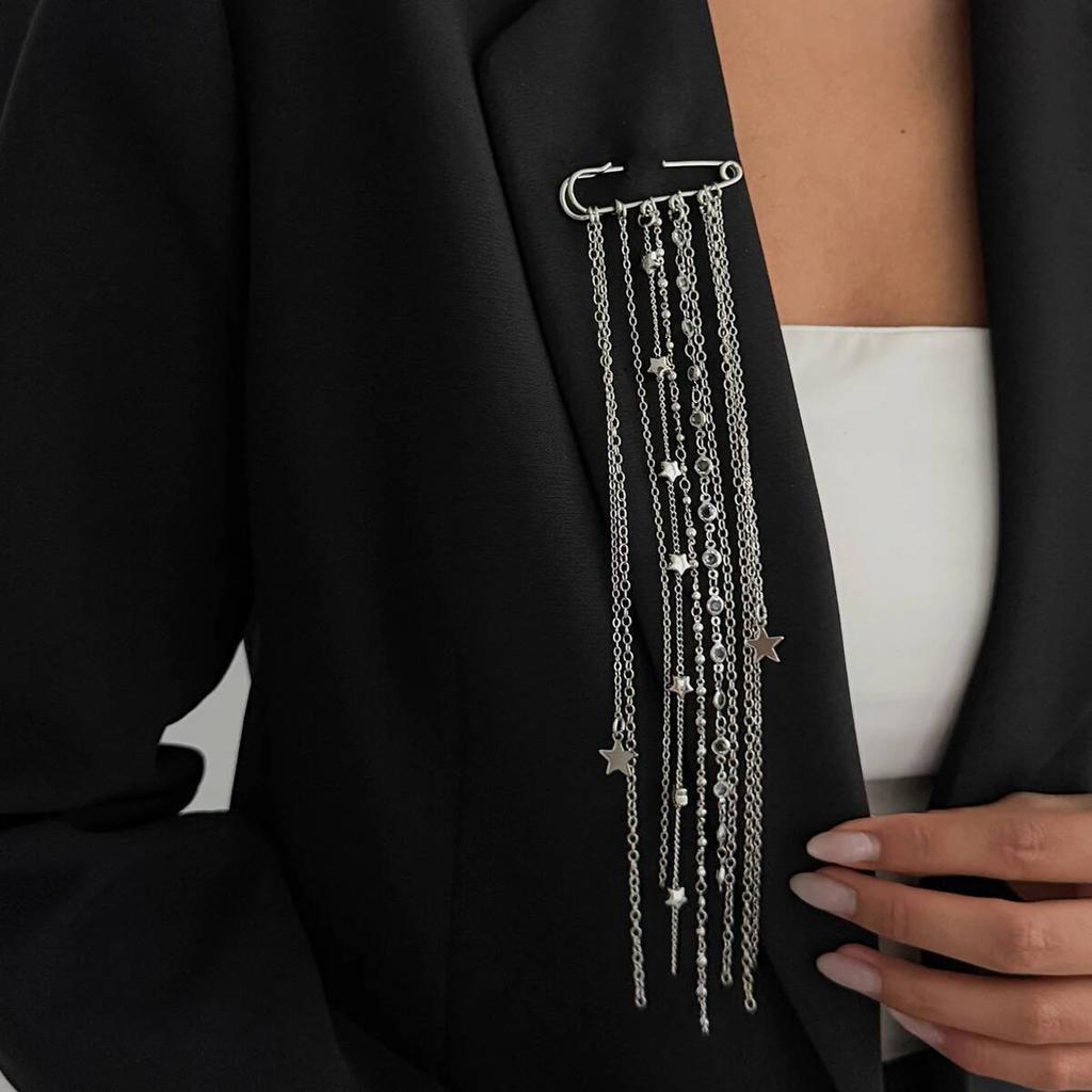 Salircon Punk Creative Metal Pentagram Beads Tassel Brooch for Women 2026 New Fashion Suit Collar Pins Clip Party Jewelry Gifts