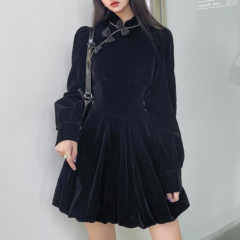 Cheongsam Darlingaga винтажное элегантное готическое велюровое черное платье с темным бантом осень-зима в китайском стиле плиссированные платья вечерние одежда с бриллиантами