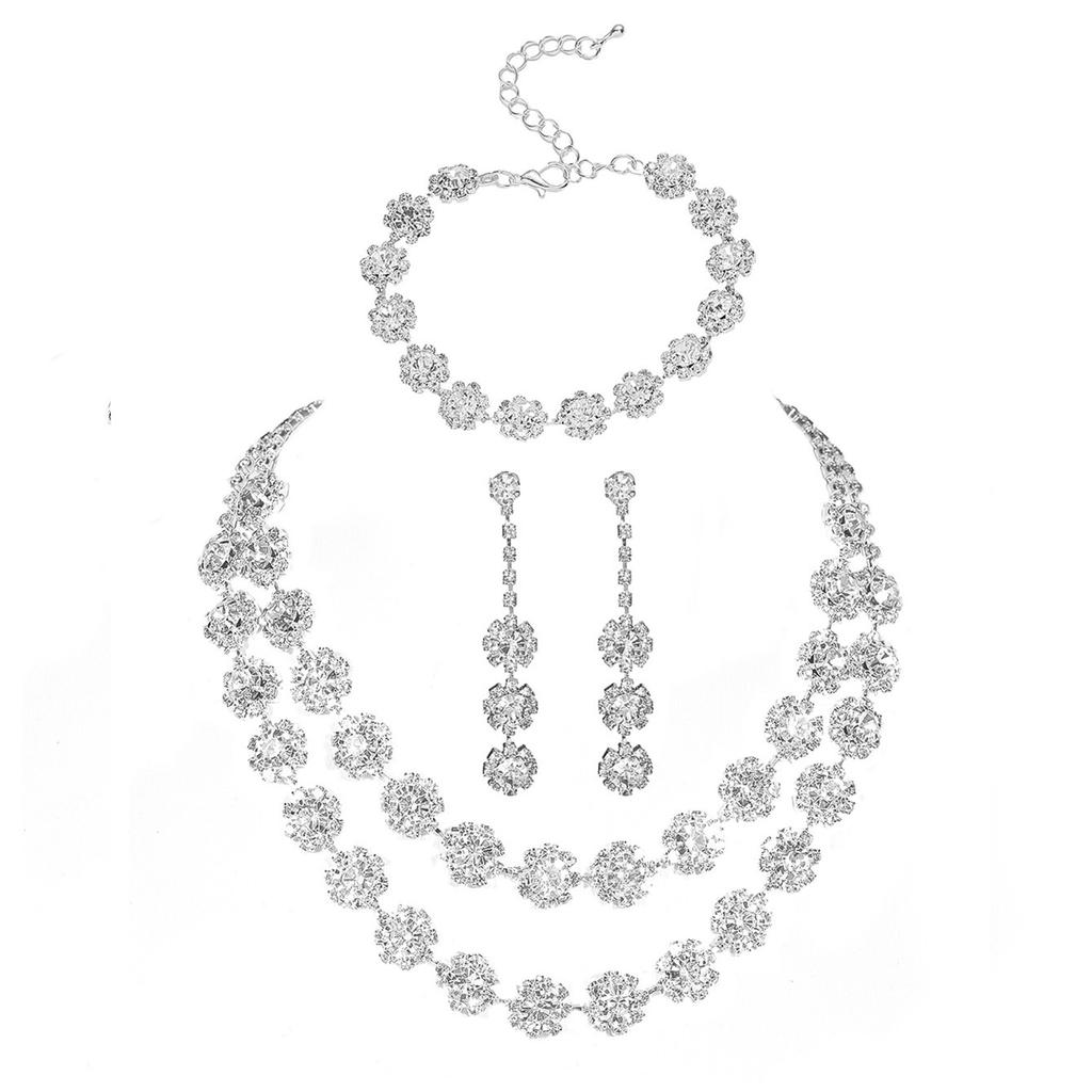 Fashion Shiny Rhinestone Necklace Earrings Bracelet Set, Luxury Temperament Necklace Earrings 3-piece Set