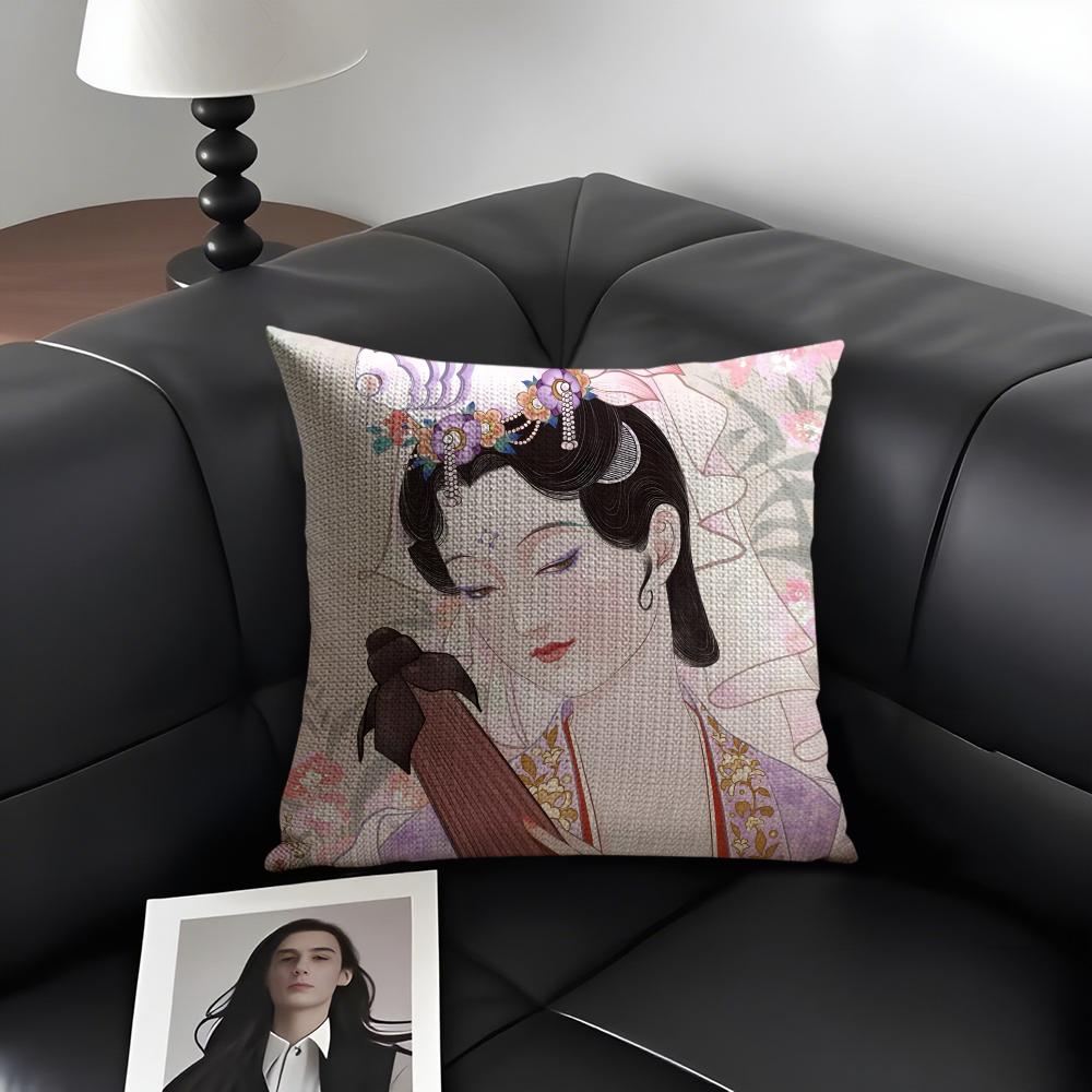 Chinese Ancient Style Beauty Cushion Cover Natural Linen Organic Fabric DoubleSided Printing Sofa Home Decor Gift Pillow Case