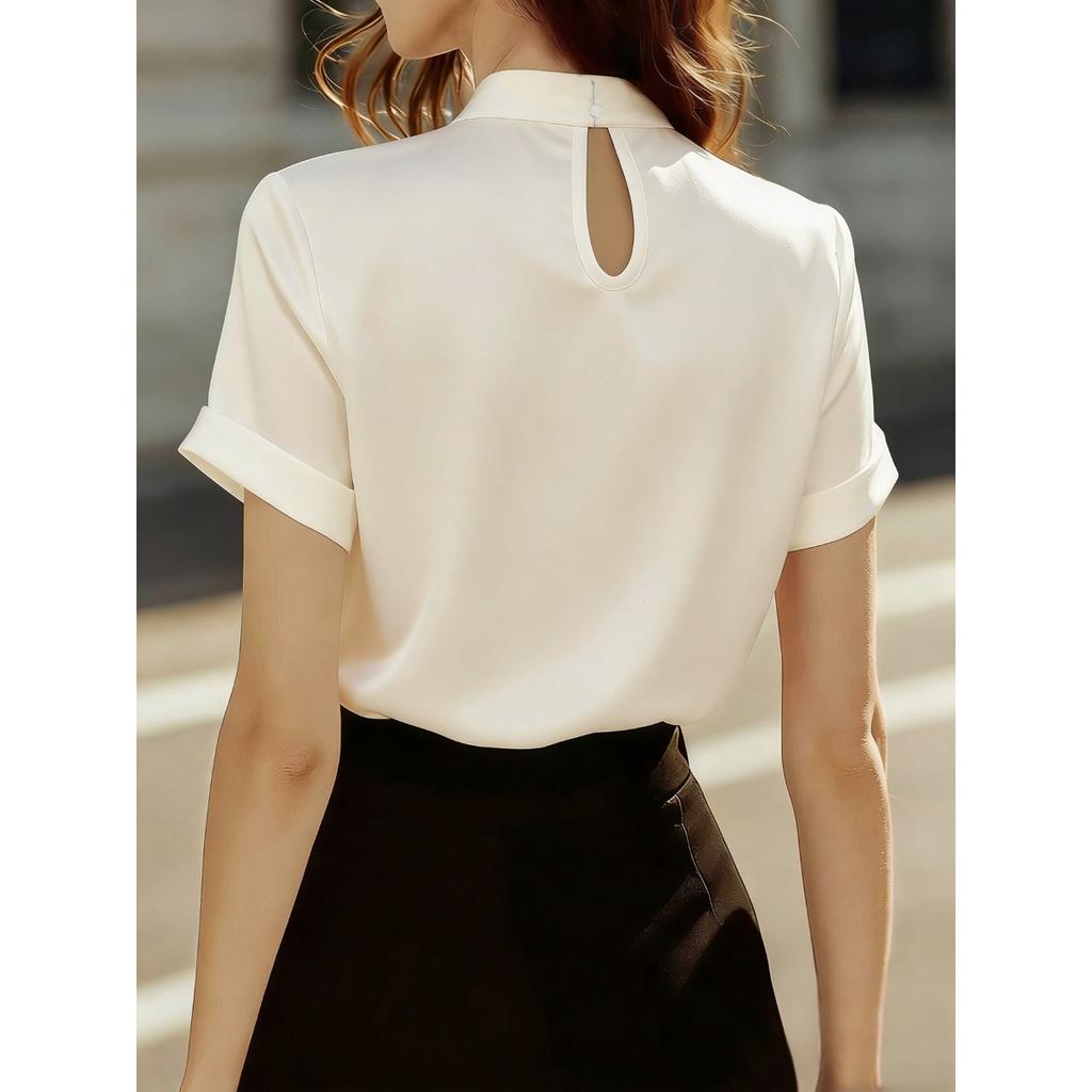 Women's Summer Solid Satin Short Sleeve Casual Commute Blouse Shirt
