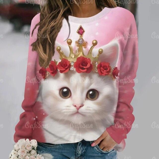 Kawaii женская футболка с забавным рисунком кота, футболка с длинными рукавами, повседневная уличная одежда, женский свитер, новый женский пуловер, одежда, топ