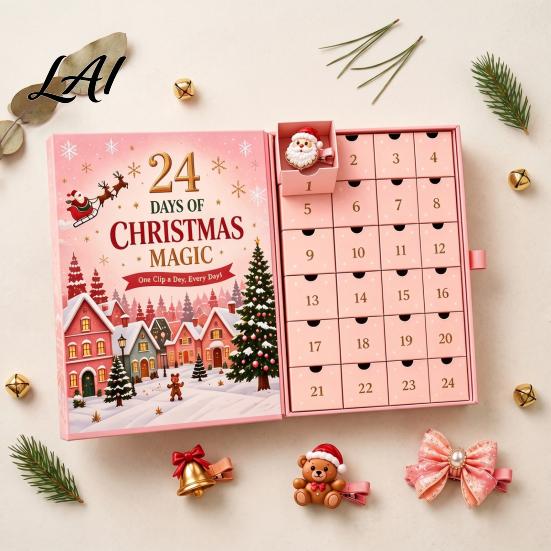 Christmas Party Advent Calendar, 24-Day Clip Hair Styling Girls Countdown Box with Festive Accessories