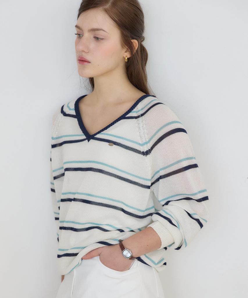 OURHOPE Linen Heather Stripe V-Neck Knit - Ivory