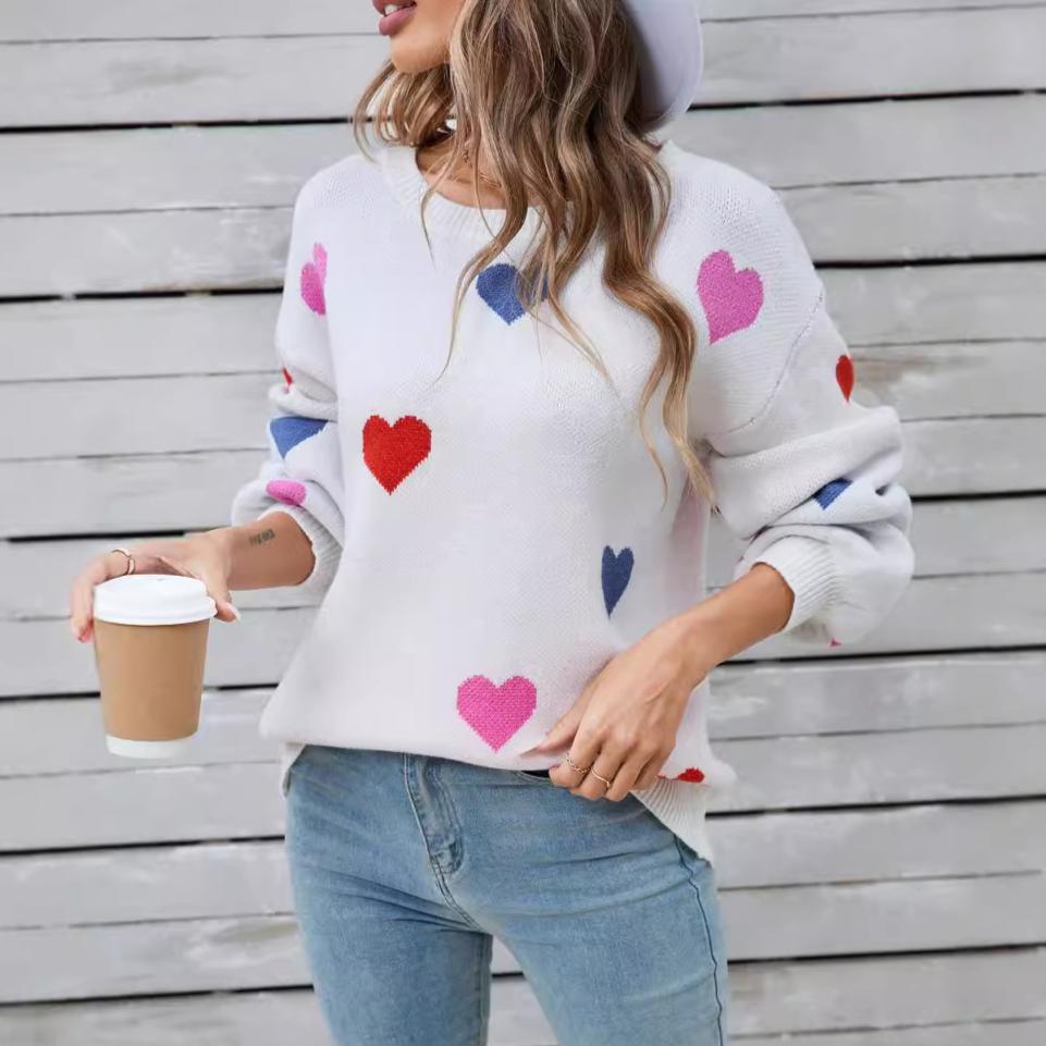 Winter Women's Sweater Love Valentine's Day Round Neck Pullover Peach Heart Sweater