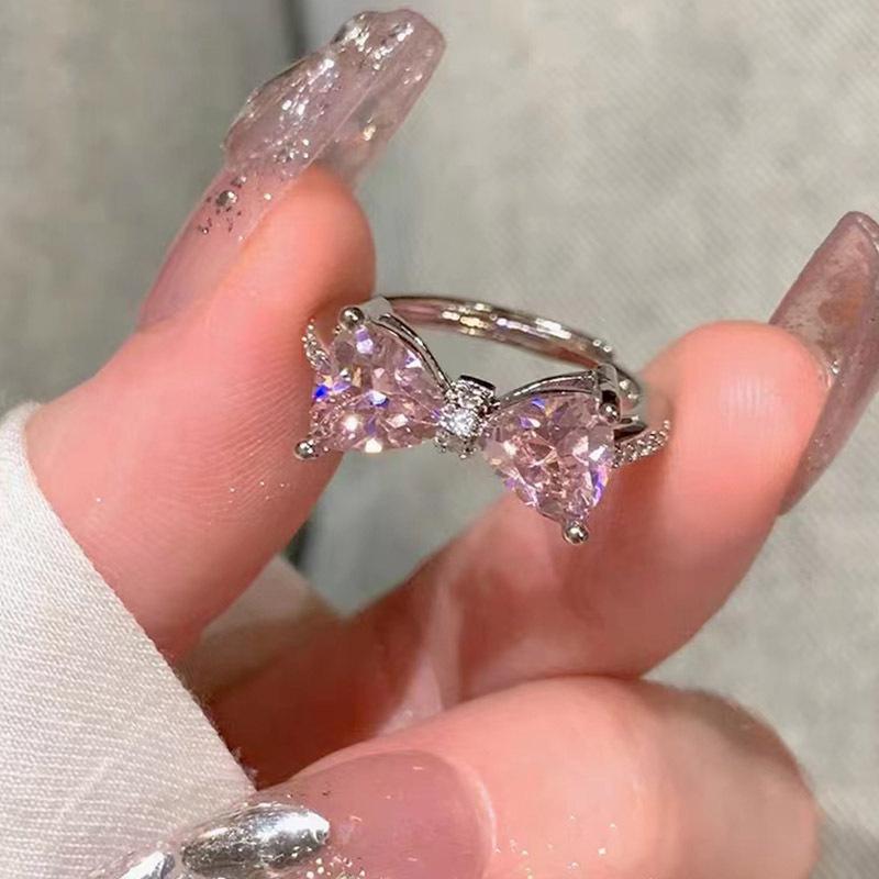 Style Sparkling Pink Zircon Bride Rings for Women Couples Korean Trendy Heart Star Geometric Wedding Party Jewelry