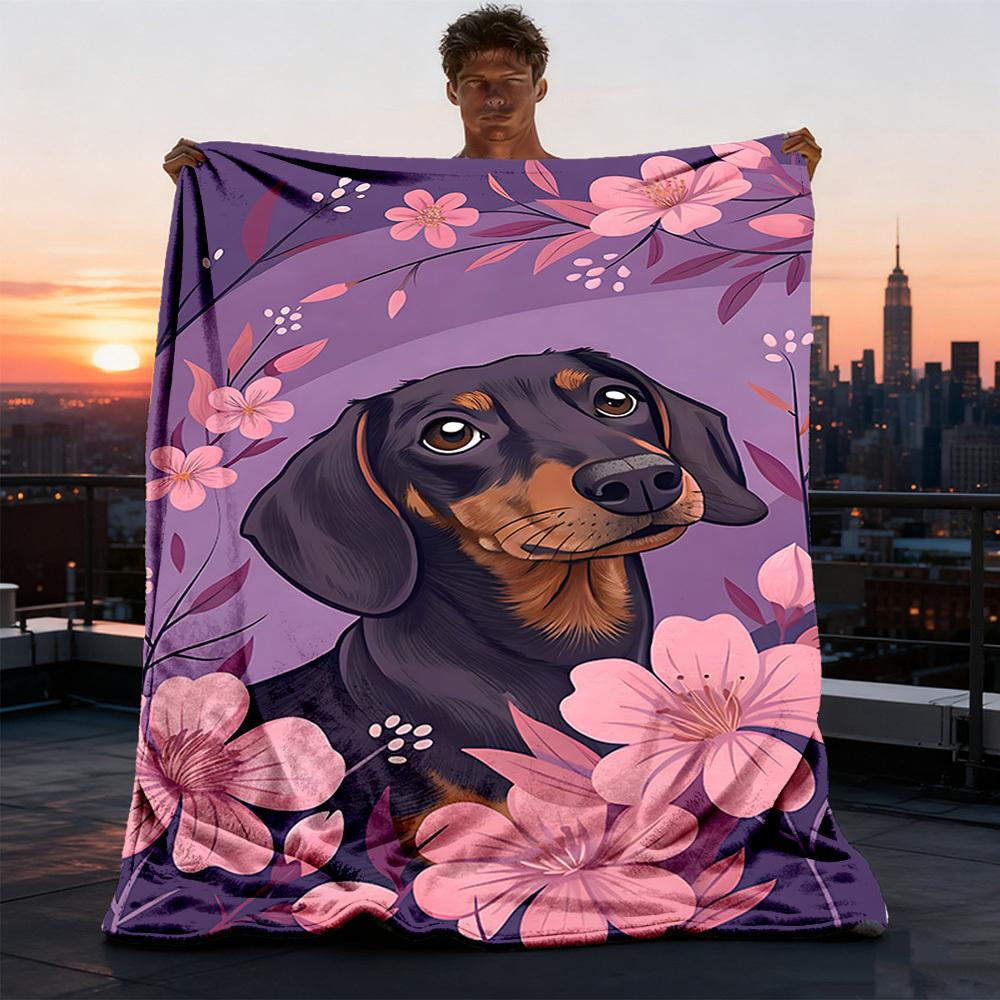 1pc Dachshund Floral Print Outdoor Flannel Blanket , Machine Washable Perfect Gift for Birthday , Holiday Travel Accessory , Durable Material