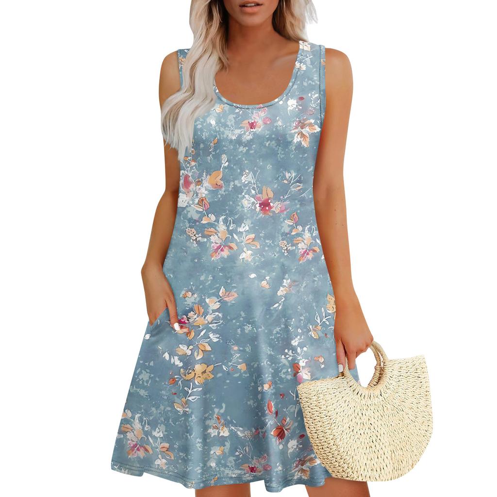 Women's Summer Casual U-shaped Tie Pocket Popular Floral Print Dress