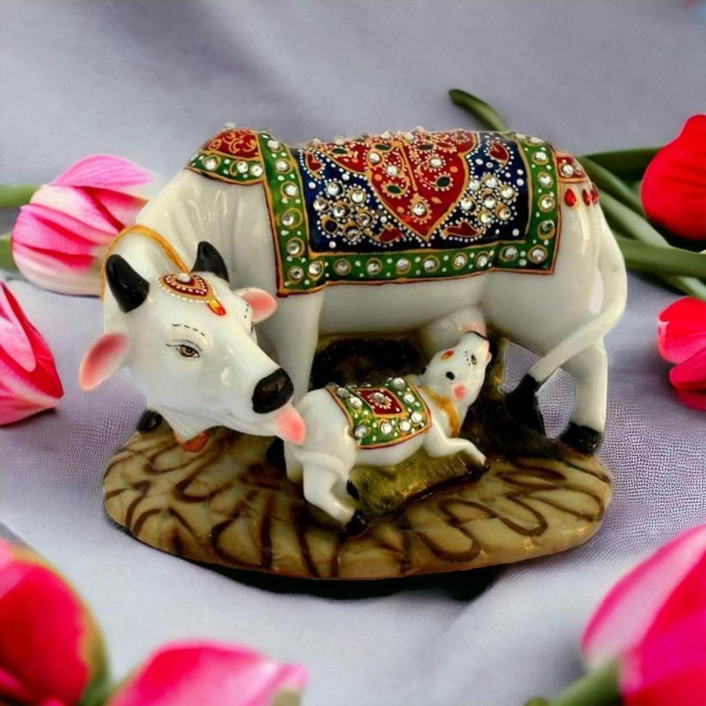 India Polyresin Decorative Cow and Calf Idol | Kamadhenu Gau MATA Murti Home Decor | Good Luck Gift Showpiece Figurine