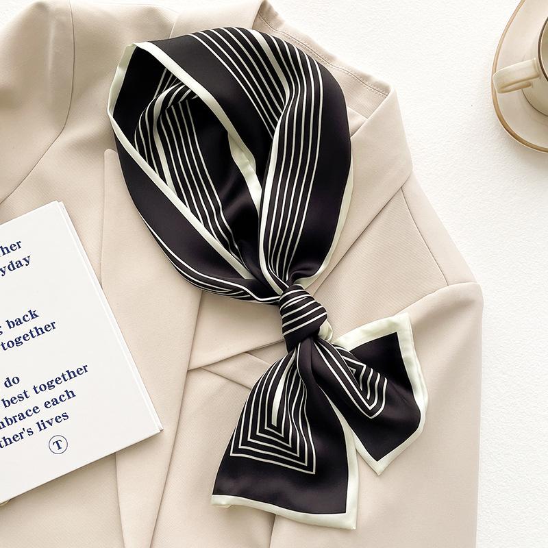 Длинный шелковый шарф в полоску для офисных леди с повязкой на волосы