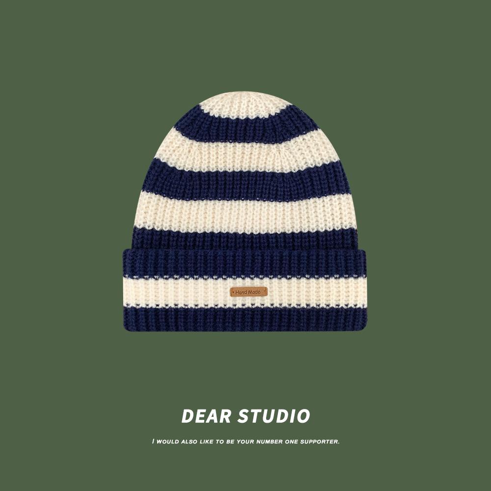 Striped letters small standard large version wool hat women's autumn and winter warm versatile big head circumference knitted pile hat tide