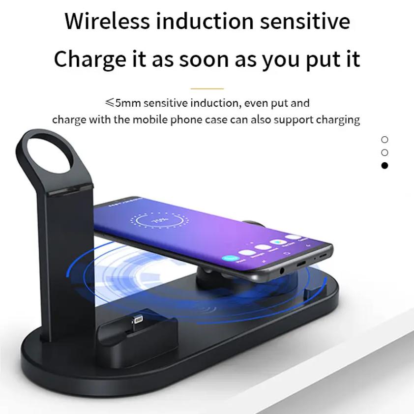 6-in-1 Multi-Function Fast Wireless Charging Station for Phone Watch Earphone with OTP & OVP Protection