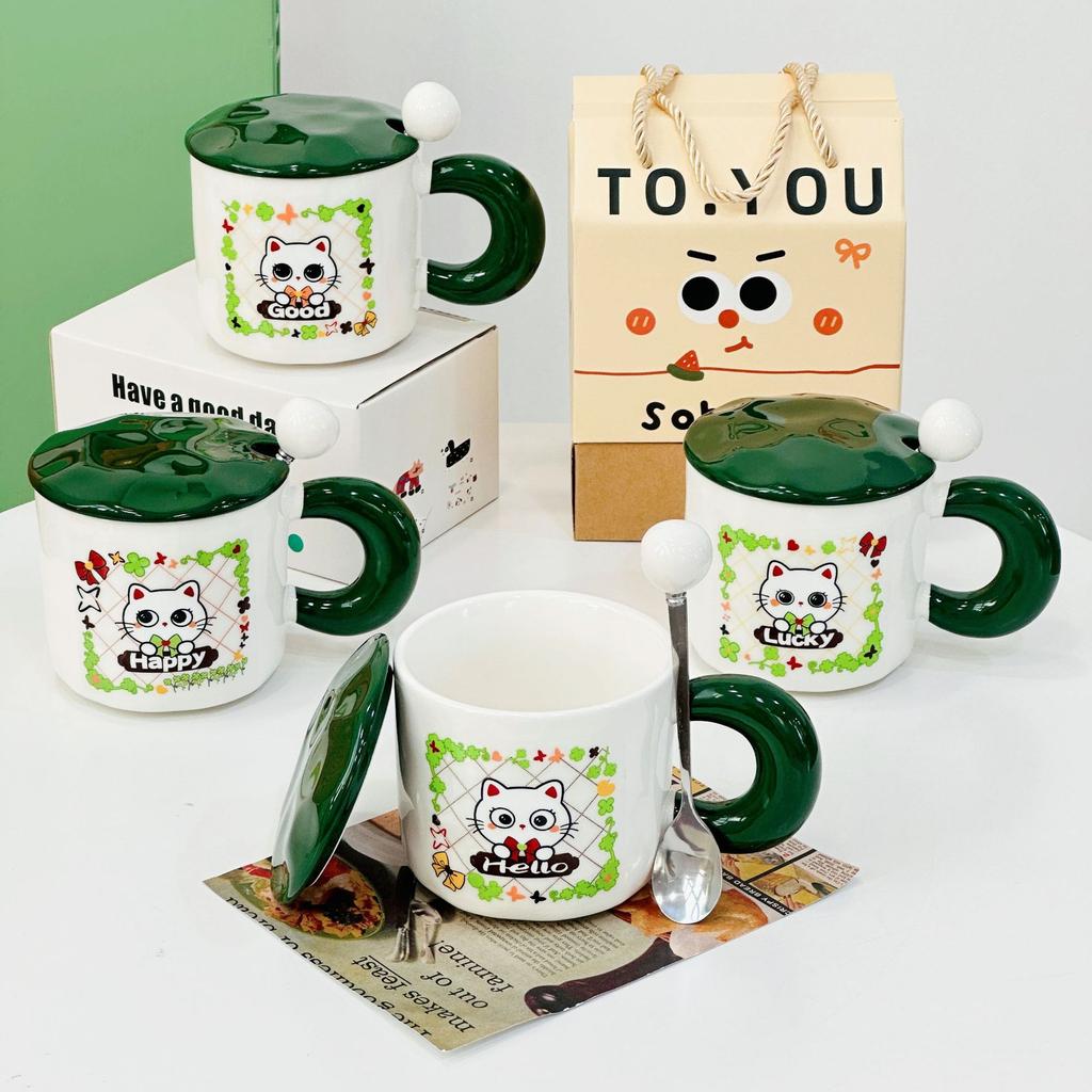 Cute Cartoon Cat Ceramic Cup Girls Mug with Lid Spoon Household Gift Box Water Cup High looking Gift