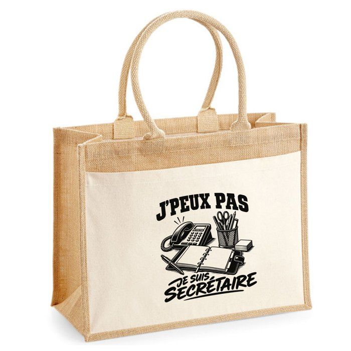 Sac cabas - PLANETEE - J'peux pas je suis Secrétaire (minimaliste) - Toile de jute et coton - 21 L (43×33×21 cm) - Anses coton 65 cm