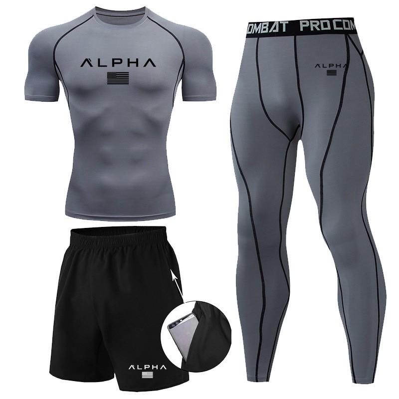 Mens Quick-Dry Athletic Set: Breathable Running T-Shirt Compression Training Pants Gym Workout