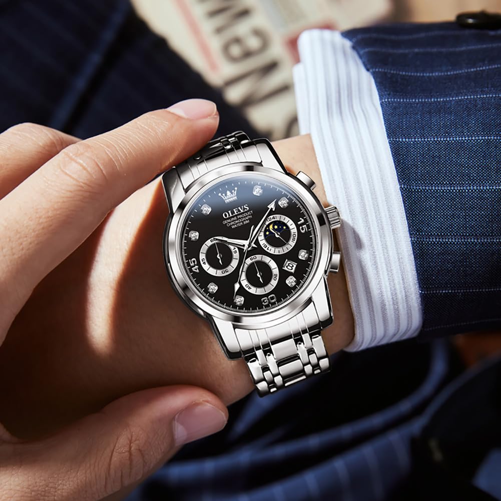 OLEVS Fashionable Wristwatch for Men Popular Analog Quartz Arm Watch Waterproof Business Wristwatch Silver Stainless Steel Band Men Watch Black