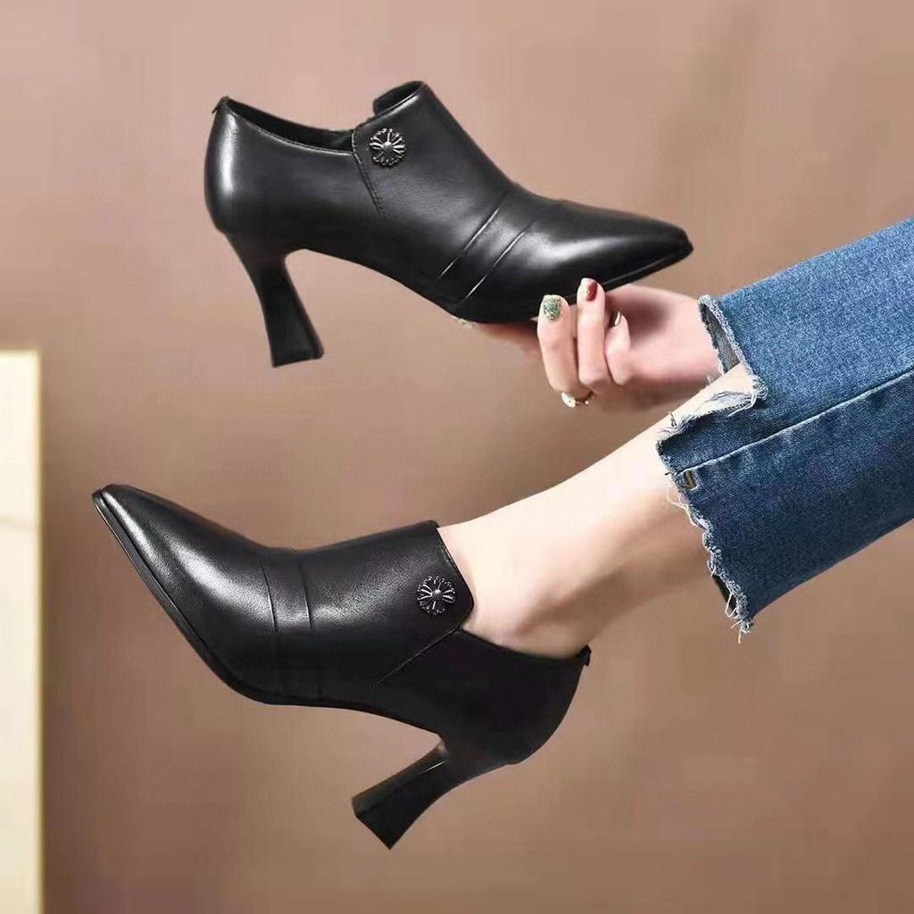 High Heels Women's 2025 Autumn New Black Cowhide Pointed Thin High Heel Deep Mouth Single Shoes Women's Professional Four Seasons Leather Shoes