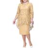 Lady Petticoats Plus Size O-neck High-Waist Plus Size Midi Dress Embroidery Lace 3/4 Sleeve Lady Evening Dress Female Clothing