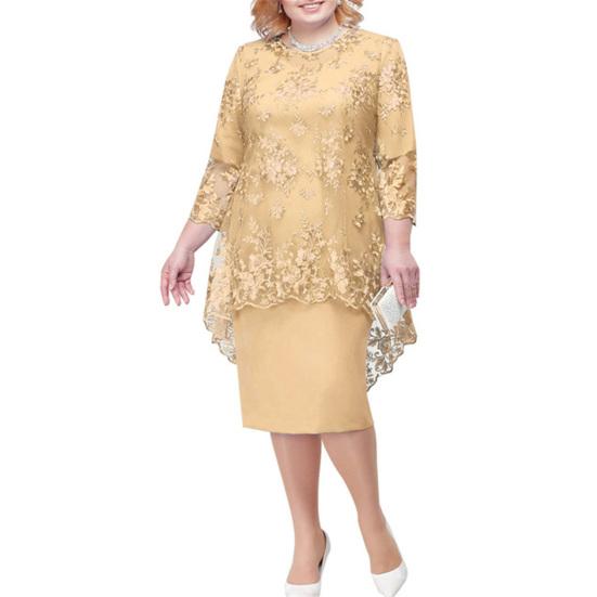 Lady Petticoats Plus Size O-neck High-Waist Plus Size Midi Dress Embroidery Lace 3/4 Sleeve Lady Evening Dress Female Clothing