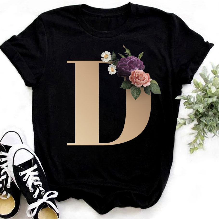 Модная золотая женская футболка с 26 буквами и цветочным принтом в стиле Харадзюку, повседневная базовая черная рубашка с круглым вырезом и коротким рукавом, женские футболки