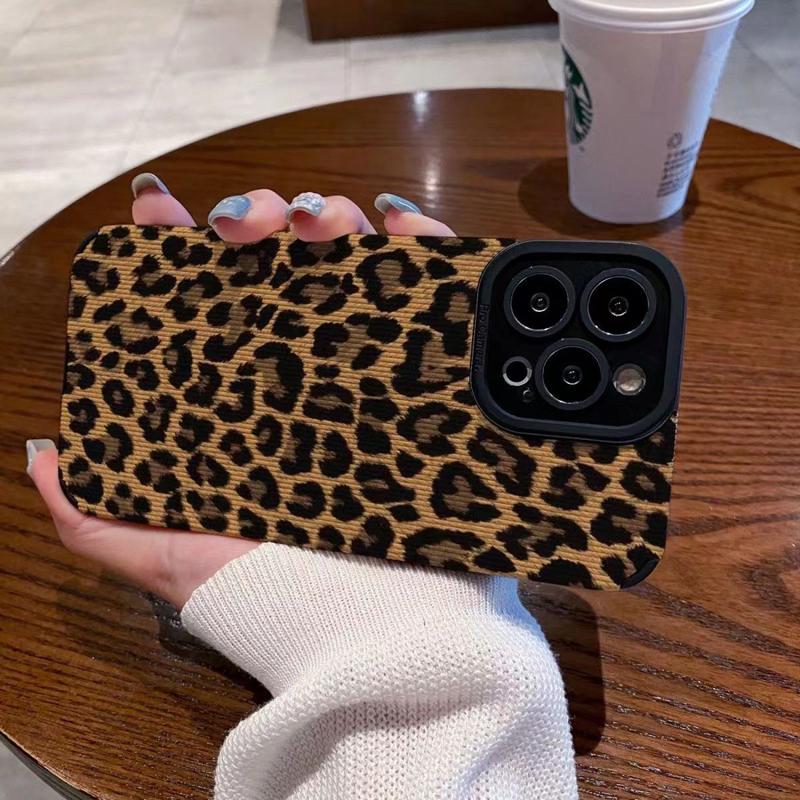 Fashion Brown Black Leopard Leather Case For iPhone 15 16 Pro Max 11 12 13 Mini 14 Plus Soft Shockproof Silicone Full Cover