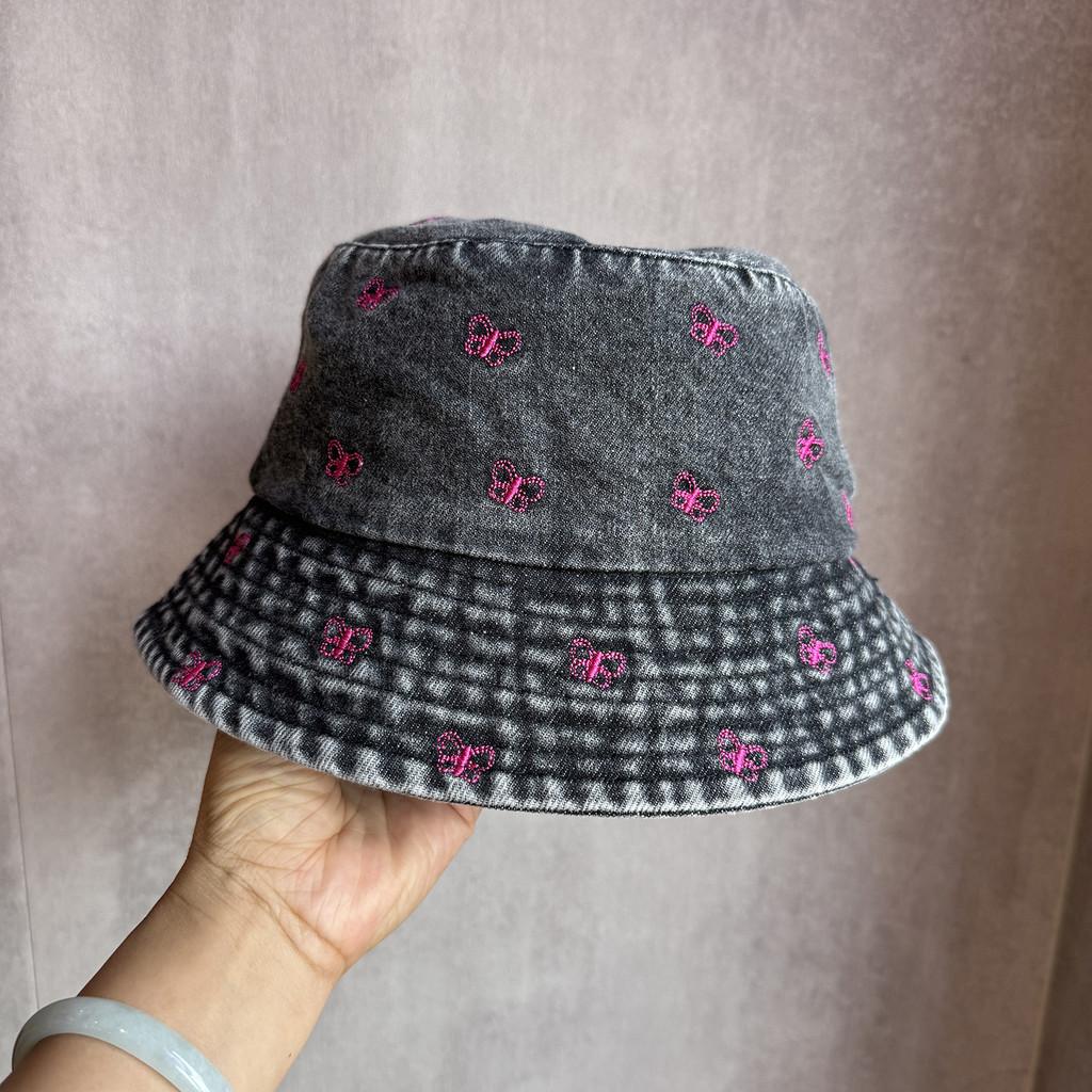 Summer Sun Shade Bucket Hat With Cotton Denim Material And Embroidered Cartoon For Women