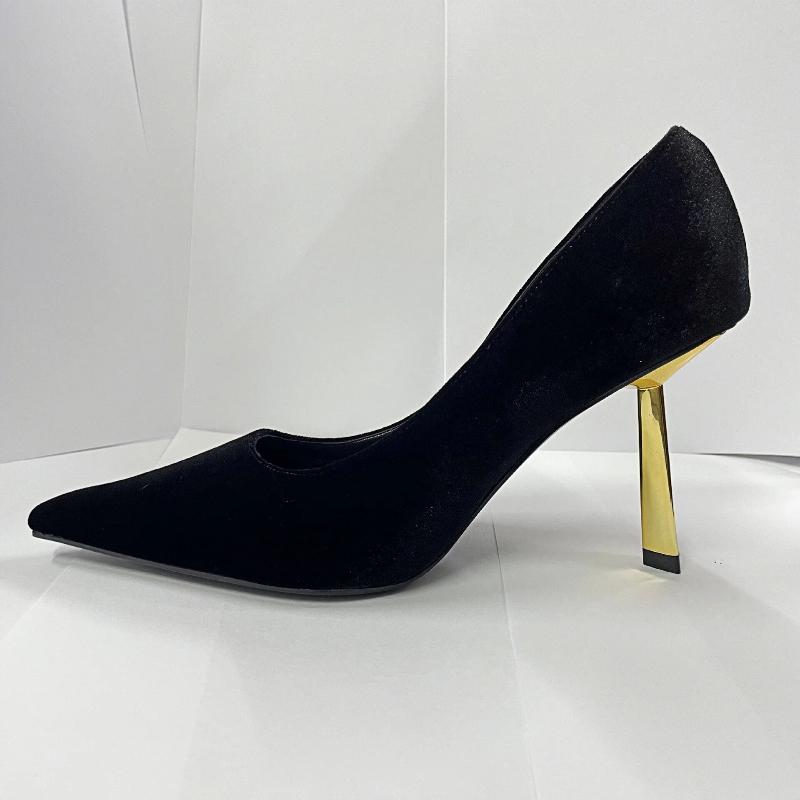 Spring And Autumn Women's High Heels, Gold-soled, Black Suede, Low-cut, Stiletto-heeled, Pointed-toe High Heels.