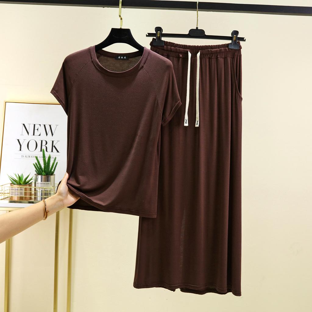 Футболки с коротким рукавом и длинным рукавом из модала с круглым вырезом и длинная юбка, комплект из 2 предметов домашней одежды больших размеров, свободные комплекты модных платьев, женские комплекты